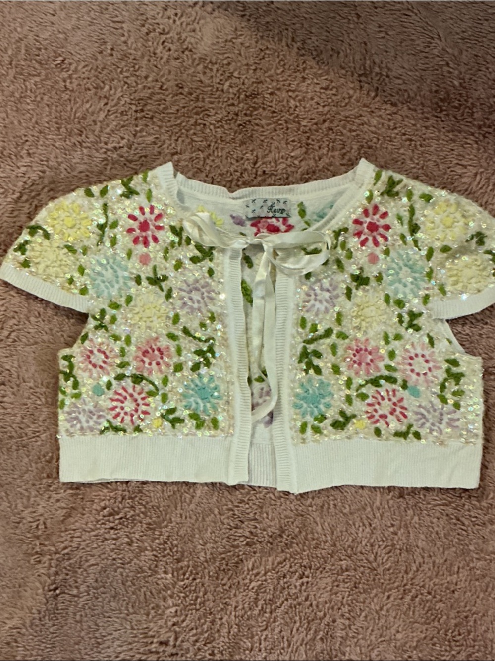 “HAVE” Embellished Floral Knit Bolero Cardigan - White
